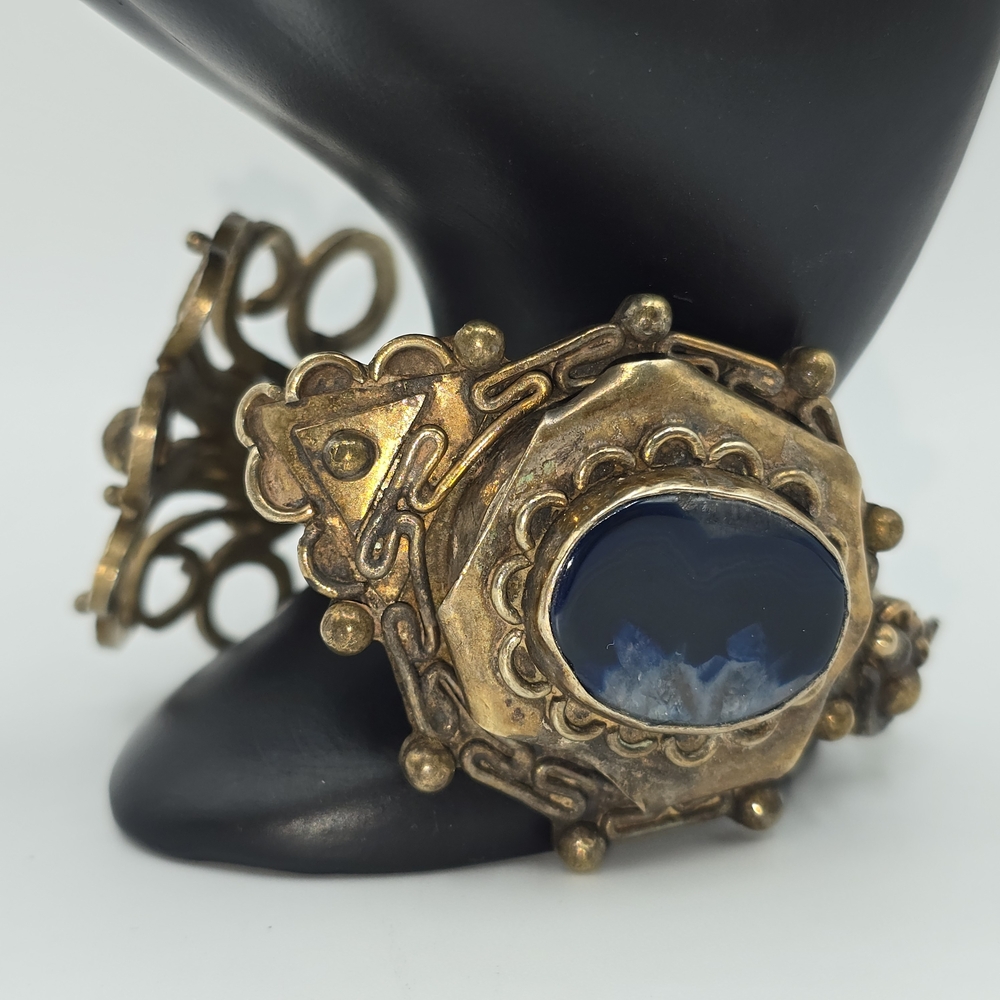 VTG Brass Cuff Blue Stones Cabochons Modernist Artisan Statement Bracelet 75g